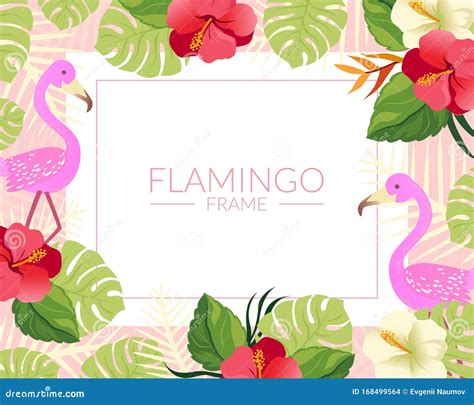 Flamingo Banner Template With Cute Tropical Exotic Birds And Palm