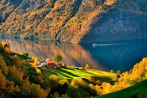 Download 2000x1334 Norway Autumn Fjord Ship Forest Village Nature