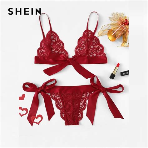 Shein Red Lace Sexy Lingerie Set Hot Women Sleepwear V Neck Sleeveless