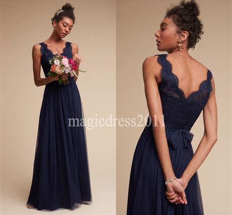 2016 Modest Navy Blue Lace Bridesmaid Dresses Floor Length A Line V