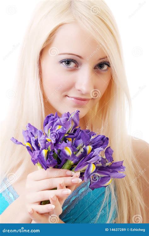 Blonde With Iris Flowers Stock Image Image Of Stylish 14637289