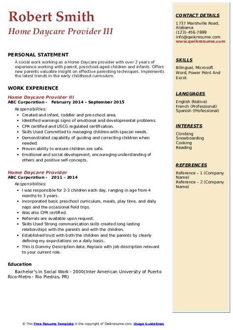 Home Care Provider Resume Sample