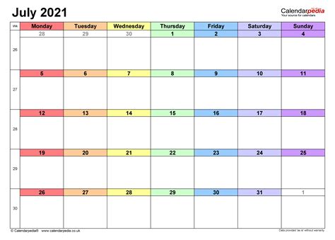 Calendar July 2021 Uk With Excel Word And Pdf Templates