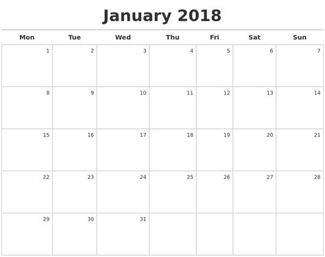 January 2018 Calendar Maker