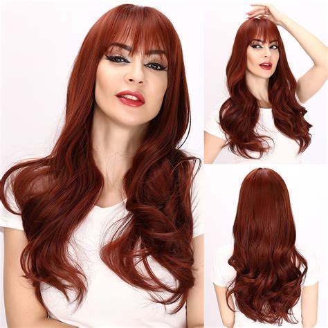 Smilco Auburn Hair Wigs For Women Long Wave Wig With Bangs