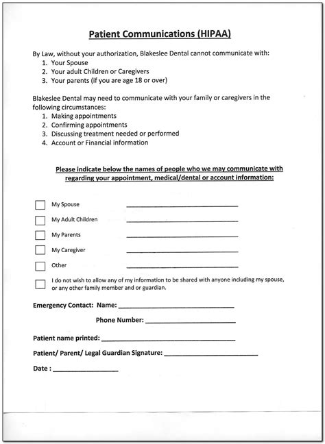 Printable Dental Hipaa Form Pdf Printable Forms Free Online