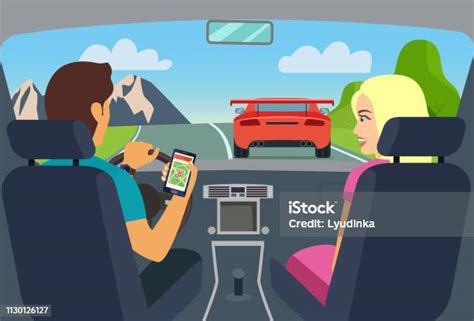 arabada oturan kadın ve erkek araba ile seyahat vektör düz stil Çizim stok vektör sanatı and araba