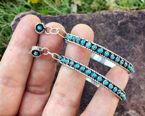 2 Large Silver Turquoise Hoop Earrings For Women Zuni Snake Eye Native