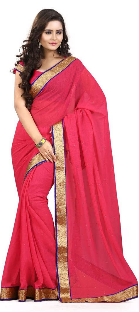 faux chiffon party wear saree in red and maroon with lace work casual saree party wear sarees