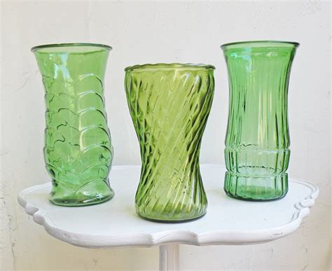 Three Vintage Green Glass Flower Vases Large Faceted By Mothrasue
