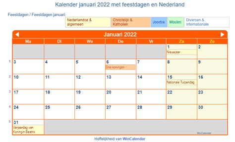 Nederland Kalender Voor Afdrukken Januari 2022