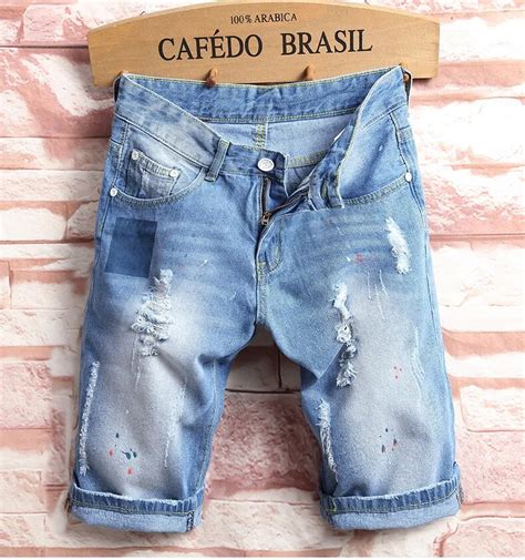 High Quality Men Summer Denim Shorts New Fashion Men Cotton Light Blue Short Jeans Men Holes