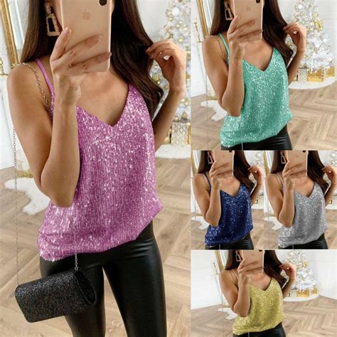 Buy 2022 Women Glitter Strappy Tank Tops Ladies Sexy Sparkle Cami Swing Vest Clubwear At