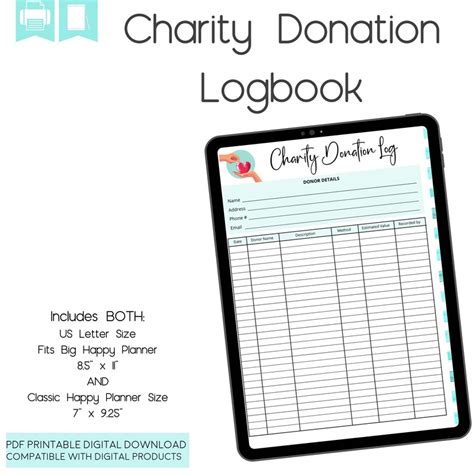 Charity Donation Log Printable Donation Tracker Etsy