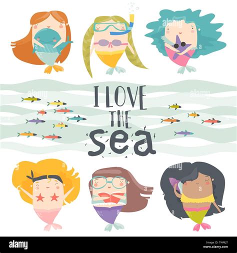 Cartoon Set With Little Mermaids Under The Sea Stock Vector Image