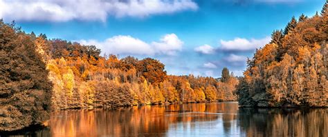 Download Wallpaper 2560x1080 Autumn Lake Trees Reflection Dual Wide