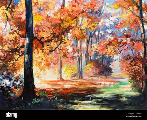 Oil Painting Landscape Colorful Autumn Forest Trail In The Forest