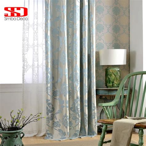 Fabric European Blackout Curtains For Living Room Jacquard Damask Blue