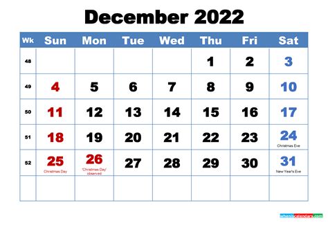 Printable 2022 Calendar By Month December