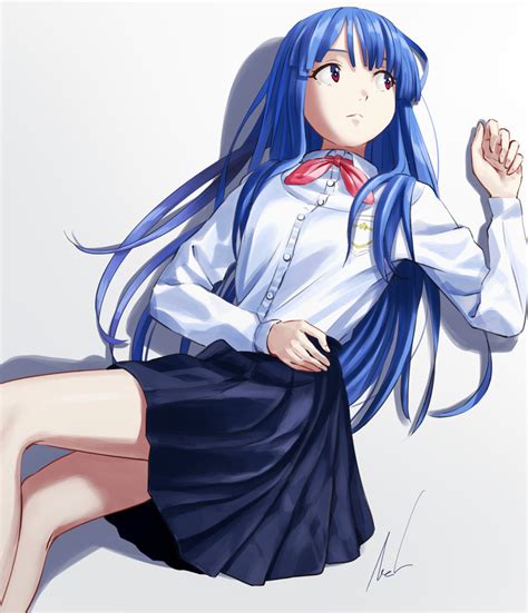 Mac Naut Furude Rika Higurashi No Naku Koro Ni Looking Away Highres 1girl Blue Hair Blue