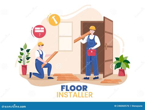 Floor Installation Cartoon Illustration With Repairman Laying