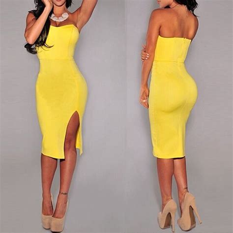 Sexy Strapless Front Spit Solid Color Bodycon Dress For Women Sexy Tube Dress Yellow Bodycon