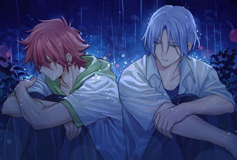 two anime characters sitting next to each other in front of a blue sky with raindrops