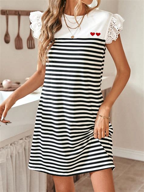 SHEIN Frenchy Striped Heart Print Butterfly Sleeve Dress