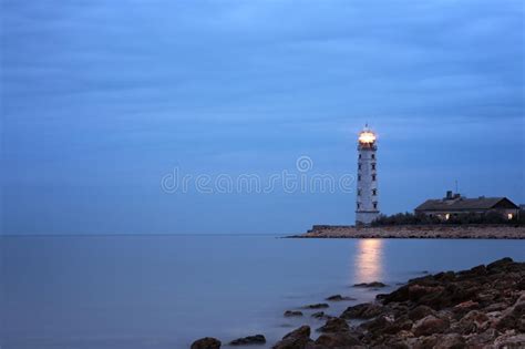 Cloudy Twilight Seascape With Lighthouse Stock Photo Image Of Ukraine