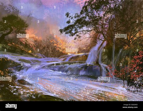 Landscape Digital Painting Of Beautiful Purple Waterfall Stock Photo