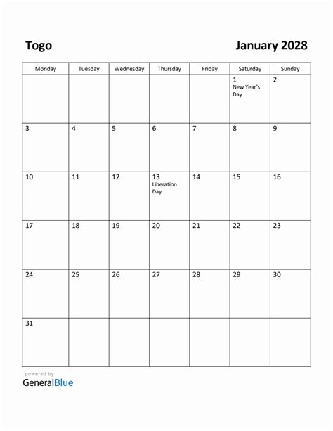 Free Printable January 2028 Calendar For Togo
