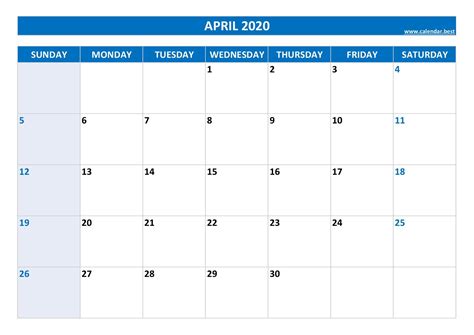 Printable April 2020 Calendar For Kids