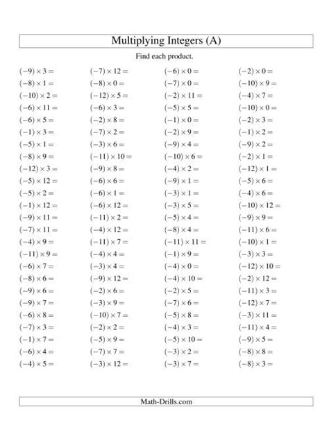 Multiplication Of Integers Worksheet