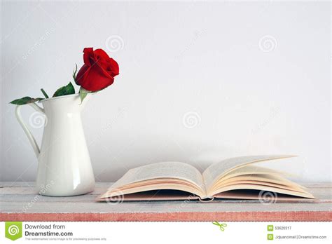 Uma Flor Vermelha Da Rosa Em Um Vaso Branco Do Vintage Ao Lado De Um