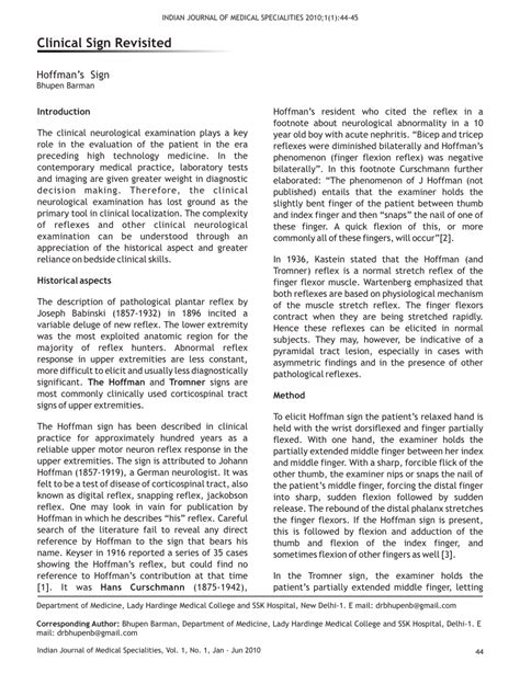 Usually considered a pathological reflex in a clinical setting, the hoffmann's reflex has also been u. (PDF) Clinical Sign Revisited: Hoffman's sign
