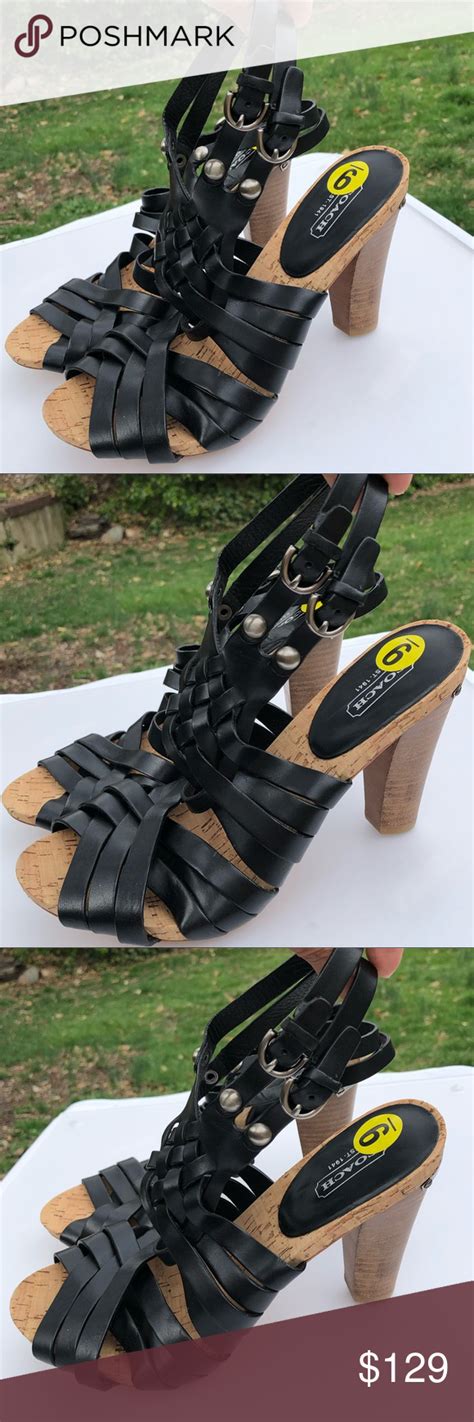 🆕 Coach Black Sandals Chunky Heels Strappy Size 9 Y2k Vintage Black