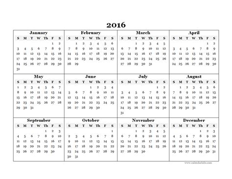 Excel Printable Calendar 2016