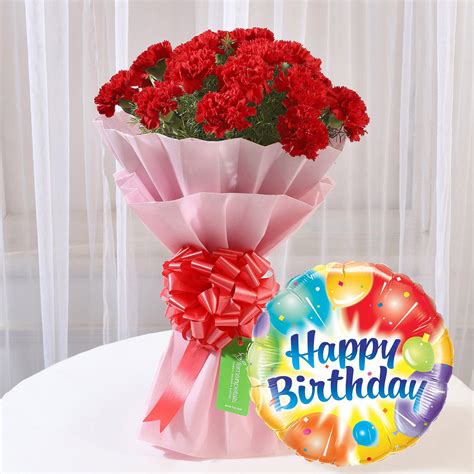 Online Ravishing 25 Red Carnations Bouquet With Happy Birthday Balloon