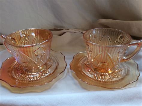 Jeannette Iris And Herringbone Iridescent Marigold Carnival Glass 2 Cup Saucer Set Antique