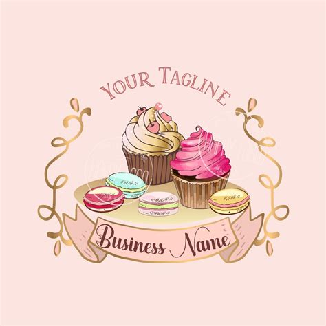 Digital Custom Logo Design Macaroons Cupcake Bakery Logo Pink Gold