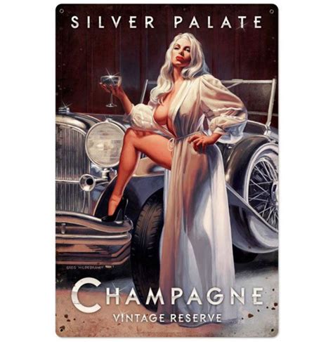 Silver Palate Champagne Pin Up Heavy Gauge Metal Sign Xl Greg