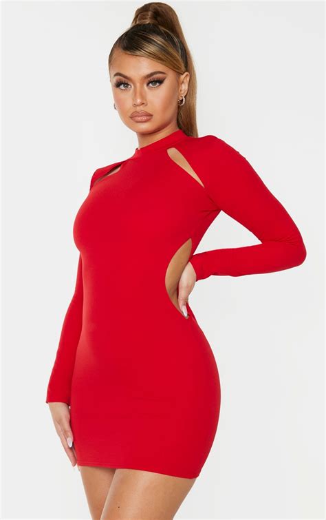 Red High Neck Long Sleeve Cut Out Bodycon Dress Prettylittlething Ie