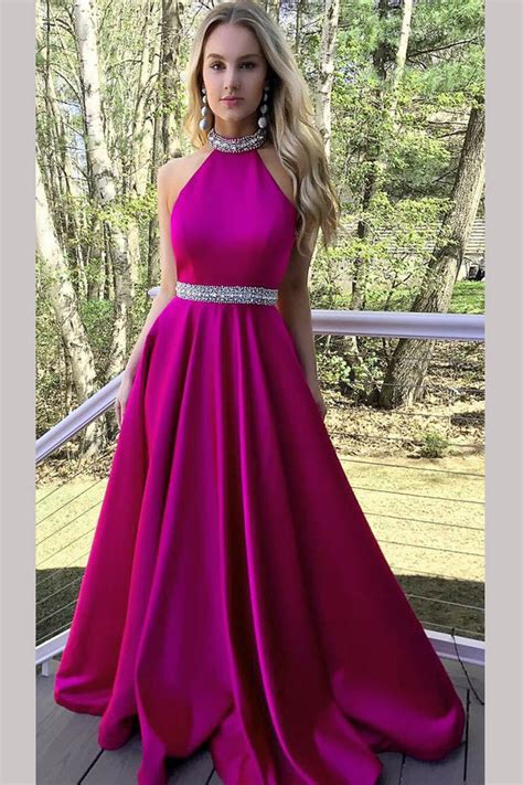 Hot Pink Cheap Jewel A Line Satin Beading Backless Long Prom Gown