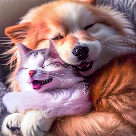 Felices Amigos Perros Y Gatos Durmiendo Juntos Foto Premium