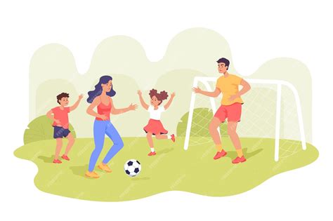 Familia De Dibujos Animados Jugando Al Fútbol Afuera Vector Premium