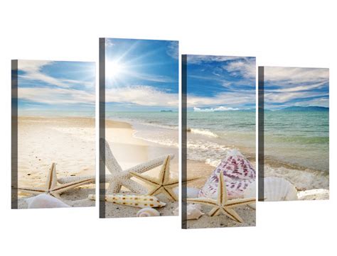 Sandy Tropical Ocean Beach Seascape Framed 4 Piece Canvas Wall Art Pai