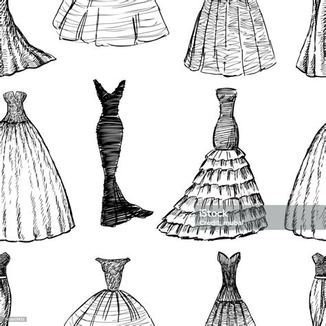 Latar Belakang Sketsa Yang Mulus Berbagai Gaun Malam Wanita Yang Elegan Ilustrasi Stok Unduh