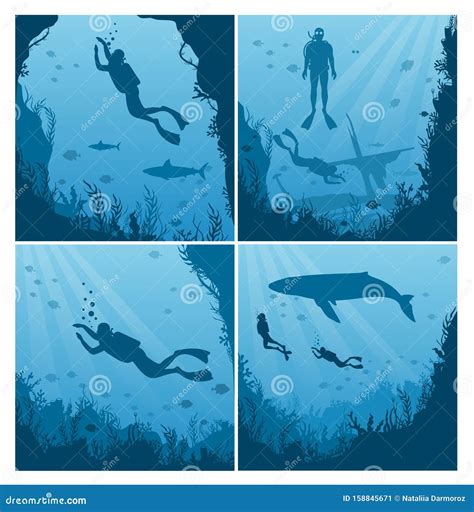 Set Of Scuba Divers Snorkeling Flat Vector Illustration Collection Of