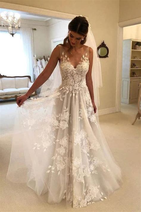 Gorgeous A Line Lace V Neck Tulle Long Wedding Dress With Appliquesmw