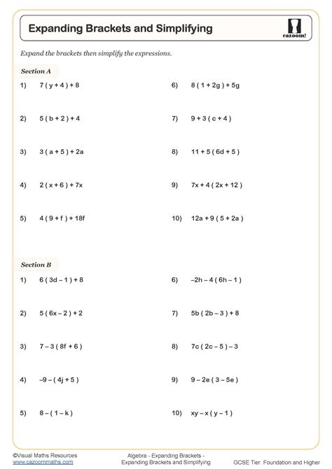 Expanding Brackets And Simplifying Worksheet Cazoom Maths Worksheets